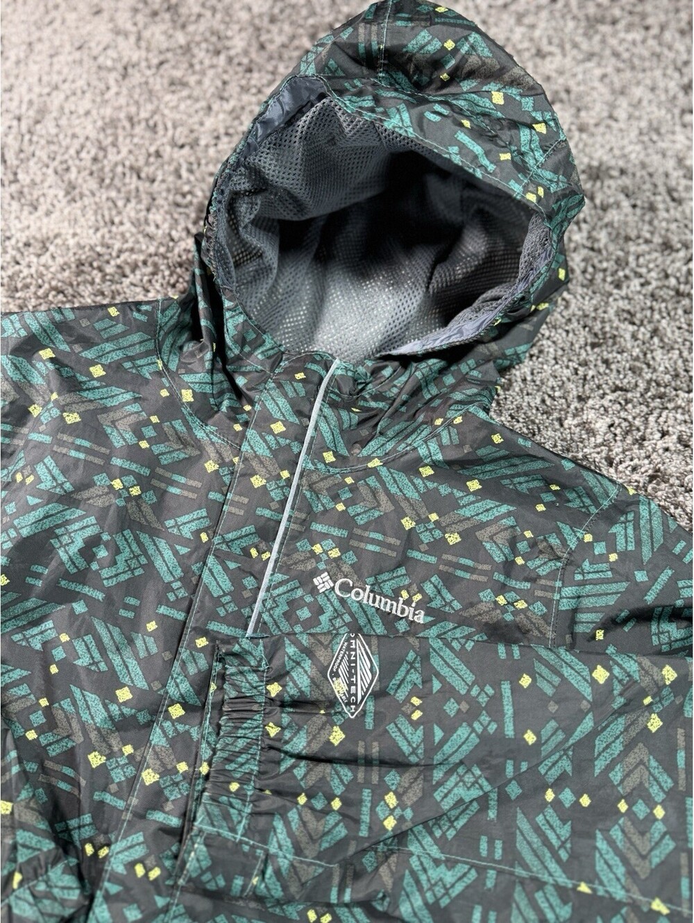Columbia Omni-Tech Rain Jacket Kids Small (8) Geometric Waterproof Hooded